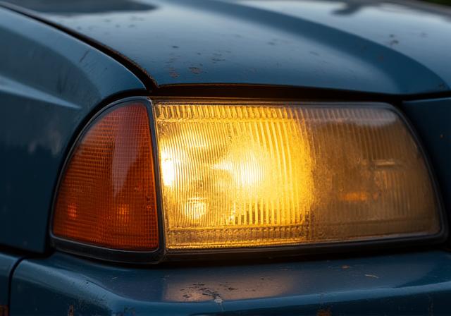 Matter, vergilbter Scheinwerfer vor der Aufbereitung.