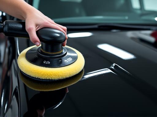 Ein Poliergerät, das auf einem makellosen schwarzen Autolack arbeitet.