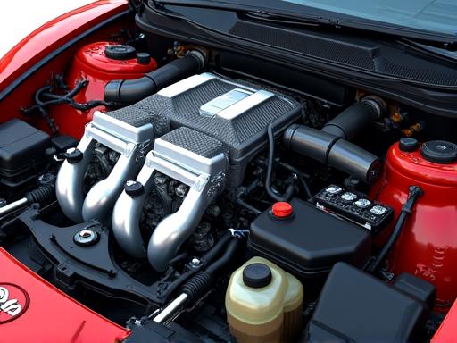 Ein sauberer und detaillierter Motorraum eines modernen Sportwagens.