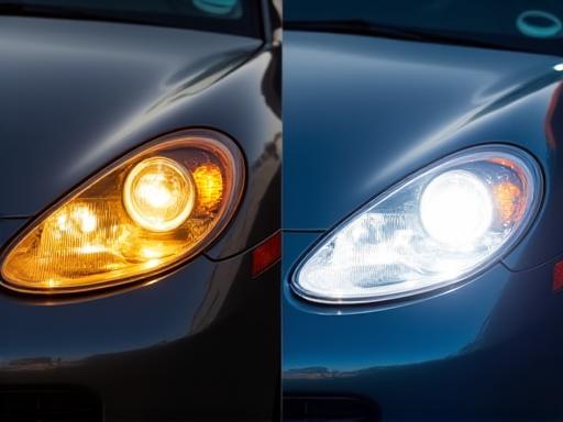 Vergleich eines matten und eines klar polierten Autoscheinwerfers.